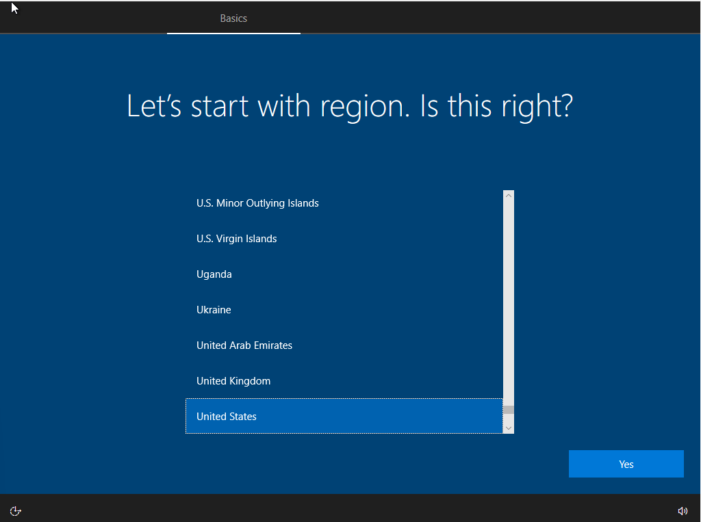 Windows 10 setup region selection screen